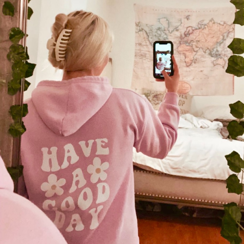 “Have a Good Day” graphic purple hoodie